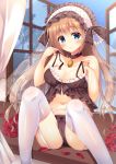  babydoll bangs bare_arms bare_shoulders blush bow bow_panties brown_babydoll brown_bow brown_choker brown_panties choker closed_mouth collarbone commentary_request eyebrows_visible_through_hair feet_out_of_frame fingernails flower frilled_hairband frills fujikura_ryuune garter_belt hair_between_eyes hairband hands_up head_tilt indoors light_brown_hair long_hair looking_at_viewer night night_sky original panties petals red_flower red_rose rose rose_petals sitting sky smile solo star_(sky) starry_sky thighhighs underwear very_long_hair white_hairband white_legwear 