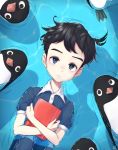  afloat aoyama-kun_(penguin_highway) bird black_hair blue_eyes blue_shirt book child commentary_request crossed_arms frown highres holding holding_book looking_at_viewer male_focus pengpeng_(underscore) penguin penguin_highway shadow shirt upper_body water 