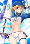  ahoge arm_up artoria_pendragon_(all) baseball_cap bikini blonde_hair blue_eyes blue_hat blue_sky blurry blurry_background blush breasts cameltoe closed_mouth cloud cloudy_sky commentary_request day depth_of_field fate/grand_order fate_(series) hair_between_eyes hair_through_headwear hand_on_headwear hat highres holding holding_lance horizon lance leg_garter long_hair long_sleeves looking_at_viewer medium_breasts mysterious_heroine_xx_(foreigner) navel ocean outdoors polearm ponytail revision sasahara_wakaba short_hair shrug_(clothing) side-tie_bikini sidelocks sky solo standing swimsuit twinmyniad water weapon white_bikini wristband 