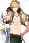  abs arthur_pendragon_(fate) blonde_hair commentary excalibur_(fate/prototype) fate/prototype fate_(series) green_eyes jewelry looking_at_viewer male_focus navel necklace open_mouth pvc_parfait simple_background smile solo twitter_username weapon white_background 
