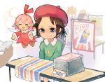  =_= adeleine beret blue_eyes blush brown_hair closed_mouth eyebrows facing_another fairy fairy_wings fumu_(kirby) hat king_dedede kirby:_right_back_at_ya kirby_(series) kirby_64 looking_away manga_(object) multiple_girls painting_(object) pink_hair placard ribbon_(kirby) shiburingaru short_hair sign sitting smile table translation_request wings 