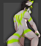  arm_markings black_hair butt canine facial_markings fur green_eyes green_fur green_hair green_markings green_paws green_tongue grey_fur hair leg_markings male mammal markings multicolored_hair nude rear_view solo tail_markings tongue unknown_artist white_fur wolf 