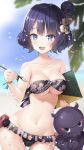  :3 :d album_(object) bangs bare_arms bare_shoulders beach bikini bird black_bikini blue_eyes blue_sky blush breasts cleavage collarbone commentary cowboy_shot day eyebrows_visible_through_hair fate/grand_order fate_(series) floral_print frilled_bikini_bottom frills green_ribbon groin hair_bun hair_ornament hair_ribbon highres hiyoko_(pixiv16803940) katsushika_hokusai_(fate/grand_order) looking_at_viewer medium_breasts navel ocean octopus open_mouth outdoors paintbrush painting_summer palm_tree print_bikini purple_hair red_ribbon ribbon shiny shiny_hair short_hair side_bun sketchbook sky smile solo swimsuit thigh_gap tokitarou_(fate/grand_order) tree underboob wrist_ribbon 