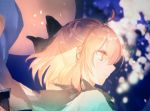 ahoge black_bow blonde_hair blue_scarf bow closed_mouth fate_(series) from_side hair_bow haori japanese_clothes koha-ace okita_souji_(fate) okita_souji_(fate)_(all) rioka_(southern_blue_sky) scarf short_hair smile solo yellow_eyes 