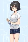  black_hair blue_skirt bottle casual glasses holding holding_bottle looking_at_viewer original print_skirt sekiya_asami shirt short_hair skirt solo star star_print t-shirt water_bottle white_shirt 