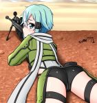  10s 1girl anti-materiel_rifle aqua_eyes aqua_hair artist_name black_shorts blue_eyes dated desert gloves gun looking_at_viewer looking_back lying matching_hair/eyes on_stomach outdoors pgm_hecate_ii ppshex rifle shinon_(sao) short_hair short_shorts shorts sinon sniper_rifle standing sword_art_online weapon 