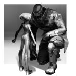  1girl arm_on_knee ass bodysuit check_commentary clenched_hand commentary commentary_request cybernetic_parts cyborg greyscale hand_on_floor heart helmet high_collar jacket monochrome one_knee open_mouth original prosthesis prosthetic_leg sage_(mami1210) shadow size_difference 