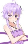  ahoge bangs bare_arms bare_shoulders blush breasts closed_mouth collarbone commentary_request criss-cross_halter crossed_arms dress eyebrows_visible_through_hair hair_between_eyes hair_ornament halterneck highres kohakope long_hair looking_at_viewer purple_dress purple_eyes purple_hair sidelocks small_breasts solo voiceroid yuzuki_yukari 