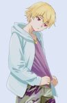  blonde_hair camouflage camouflage_pants child_gilgamesh commentary_request cowboy_shot fate/stay_night fate_(series) grey_background grey_jacket highres hood hooded_jacket jacket looking_down male_focus mi_(pic52pic) pants pulled_by_self purple_shirt red_eyes shirt shirt_pull solo standing 