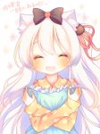  ^_^ animal_ear_fluff animal_ears animal_print azur_lane black_bow blush bow cat_ears cat_hair_ornament cat_print closed_eyes collared_shirt commentary_request facing_viewer frilled_pillow frills hair_bow hair_ornament hair_ribbon hammann_(azur_lane) long_hair orange_pajamas orange_shirt pajamas pillow pillow_hug print_pajamas print_shirt red_ribbon ribbon sakurato_ototo_shizuku shirt silver_hair solo translation_request upper_body very_long_hair white_background 