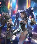  blonde_hair blue_eyes bodysuit breasts brown_hair cityscape clare_(543) cleavage dual_wielding green_eyes gun holding holographic_interface long_hair looking_at_viewer mecha multiple_girls original pilot_suit skin_tight smile weapon 