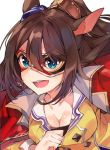  :d blue_eyes breasts brown_hair cleavage el_condor_pasa jacket large_breasts looking_at_viewer mask open_clothes open_jacket open_mouth ponytail red_jacket round_teeth simple_background smile solo teeth tuxedo_de_cat umamusume upper_body white_background 