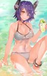  :d bare_shoulders bikini breasts brown_eyes commentary_request cup drinking_glass eyepatch food fruit grey_bikini halterneck headgear highres holding holding_cup kantai_collection knee_up large_breasts lemon lemon_slice looking_at_viewer navel ocean one_eye_covered open_mouth partially_submerged purple_hair rioka_(southern_blue_sky) round_teeth short_hair sitting smile solo swimsuit teeth tenryuu_(kantai_collection) 