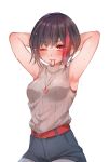  3; armpits arms_behind_back bang_dream! belt black_hair blue_shorts breasts chino_machiko commentary eyebrows_visible_through_hair hair_tie hair_tie_in_mouth hands_up heart heart_necklace high-waist_shorts looking_at_viewer medium_breasts mitake_ran mouth_hold multicolored_hair one_eye_closed red_belt red_eyes ribbed_sweater short_hair shorts simple_background sitting sleeveless sleeveless_turtleneck solo streaked_hair sweat sweater turtleneck white_background 