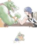  anthro arm_wrestling barefoot cape chrom claws clothed clothing crocodilian crossover crown donkey_kong_(series) fire_emblem fire_emblem_awakening hair human king king_k_rool kremling lying male mammal nintendo on_front on_ground open_mouth pecs reptile royalty ryoruma scalie sharp_claws sharp_teeth shirt simple_background sitting size_difference smile teeth toe_claws tongue video_games white_background 