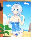  akiiro antenna_hair bare_shoulders blue_eyes blue_swimsuit blush breasts casual_one-piece_swimsuit cleavage closed_mouth collarbone cup dennou_shoujo_youtuber_shiro drinking drinking_glass drinking_straw frilled_swimsuit frills highres holding holding_cup large_breasts looking_away one-piece_swimsuit polka_dot polka_dot_swimsuit shiro_(dennou_shoujo_youtuber_shiro) short_hair solo standing swimsuit white_hair 
