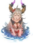 :d ahoge bikini blush bow_(bhp) breasts draph flower granblue_fantasy green_eyes grey_hair hair_between_eyes hair_flower hair_ornament horns large_breasts long_hair looking_at_viewer neckerchief open_mouth pointy_ears red_bikini red_flower red_neckwear red_skirt see-through simple_background skirt smile solo standing swimsuit thalatha_(granblue_fantasy) very_long_hair wading water white_background 