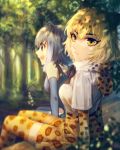  animal_print blonde_hair blush breasts brown_hair closed_mouth eyebrows_visible_through_hair gloves grey_gloves grey_hair highres hiirotaka jaguar_(kemono_friends) jaguar_print kemono_friends large_breasts looking_at_viewer looking_away multicolored_hair multiple_girls open_mouth short_hair sitting small-clawed_otter_(kemono_friends) smile thighhighs white_hair 