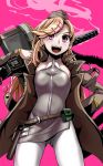  belt_pouch blonde_hair blush carrying_over_shoulder character_name commentary_request girls_frontline gun hair_ornament hairclip hat highres holstered_weapon long_hair m1919_(girls_frontline) machine_gun military_jacket open_mouth pantyhose pink_eyes pouch simple_background smoke solo uniform weapon yaruku 