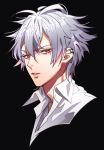  black_background collared_shirt commentary_request copyright_request ear_piercing grey_hair hair_between_eyes highres looking_at_viewer male_focus parted_lips piercing popped_collar portrait red_eyes shirt simple_background solo tenobe white_shirt wing_collar 