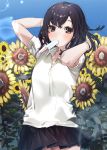  arms_up black_eyes black_hair blue_sky commentary_request cowboy_shot day field flower flower_field food food_in_mouth lens_flare looking_at_viewer mouth_hold ogino_atsuki original pleated_skirt polo_shirt popsicle skirt sky solo sunflower 