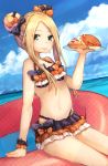  abigail_williams_(fate/grand_order) arm_support bangs bared_teeth bikini black_bikini black_bow blonde_hair blue_sky bow breasts cloud cloudy_sky commentary_request day double_bun dutch_angle emerald_float fate/grand_order fate_(series) food fork_in_mouth green_eyes hair_bow holding holding_plate horizon innertube long_hair mouth_hold navel ocean orange_bow outdoors pancake parted_bangs plate polka_dot polka_dot_bow polka_dot_innertube side_bun sidelocks sitting sky small_breasts solo swimsuit transparent water yuuki_nao_(pixiv10696483) 