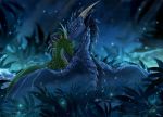  2018 ambiguous_gender blue_scales digital_media_(artwork) dragon duo feral forest green_scales horn membranous_wings night outside scales scalie telleryspyro tree water western_dragon wings yellow_eyes 
