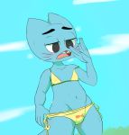  2018 absurd_res anthro bikini blue_fur bulge cartoon_network cat clothed clothing cloud crossdressing cub digital_media_(artwork) feline fur grass gumball_watterson half-closed_eyes hi_res male mammal nipple_bulge outside solo standing sweat swimsuit the_amazing_world_of_gumball therita3k whiskers young 