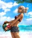  altera_(fate) alternate_costume alternate_hairstyle ball bangs bare_arms bare_legs bare_shoulders beach beachball bikini_top black_nails bracelet breasts commentary dark_skin day denim denim_shorts fate/grand_order fate_(series) feet_out_of_frame flower full_body_tattoo highres hips jewelry legs midriff nail_polish ocean shore short_hair shorts solo swimsuit tan tattoo thighs tied_hair twintails umigogogo waves white_hair 