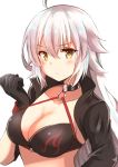  bangs bikini black_bikini black_choker black_gloves black_jacket blush breasts brown_eyes choker cleavage closed_mouth collarbone commentary eyebrows_visible_through_hair fate/grand_order fate_(series) gloves hair_between_eyes highres jacket jeanne_d'arc_(alter_swimsuit_berserker) jeanne_d'arc_(fate)_(all) large_breasts long_hair long_sleeves looking_at_viewer o-ring o-ring_bikini o-ring_choker o-ring_top shibakame shrug_(clothing) silver_hair simple_background solo swimsuit very_long_hair white_background 