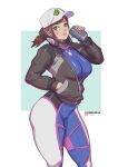  alternate_hairstyle animal_print bangs baseball_cap blue_bodysuit bodysuit bokuman breasts brown_eyes brown_hair bunny_print can d.va_(overwatch) dirty_face hand_in_pocket hat headphones headphones_around_neck high_collar highres jacket large_breasts lips low_ponytail overwatch pilot_suit ribbed_bodysuit shooting_star_d.va skin_tight soda_can solo standing swept_bangs thick_thighs thighs 