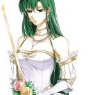  bare_shoulders bouquet bride commentary_request delsaber dress earrings elbow_gloves fire_emblem fire_emblem:_rekka_no_ken fire_emblem_heroes flower formal gloves gold_trim green_eyes green_hair high_ponytail highres jewelry long_hair lyndis_(fire_emblem) ponytail simple_background solo strapless strapless_dress very_long_hair wedding_dress white_dress white_flower 