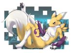  2018 :3 ambiguous_gender anthro black_sclera blue_eyes bluehawaiichan body_marking chest_tuft claws clothing digimon facial_markings fangs fur gloves looking_at_viewer lying markings muscular pawpads raised_leg renamon signature simple_background smile solo tattoo tuft white_background yellow_fur 