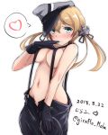  anchor_hair_ornament bakuretsu_hunters blonde_hair blue_eyes blush breasts chocolate_misu chocolate_misu_(cosplay) commentary_request cosplay dated finger_to_mouth giraffe_(ilconte) gloves hair_ornament hat heart highres kantai_collection large_breasts long_hair looking_at_viewer low_twintails naked_suspenders navel no_bra parted_lips peaked_cap prinz_eugen_(kantai_collection) signature simple_background smile solo spoken_heart stomach suspenders twintails twitter_username white_background 