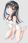  asashio_(kantai_collection) bare_legs bare_shoulders barefoot black_hair blue_eyes blush breasts casual_one-piece_swimsuit collarbone comah commentary_request covered_navel eyebrows_visible_through_hair full_body hair_between_eyes highres kantai_collection long_hair looking_at_viewer one-piece_swimsuit open_mouth simple_background sitting small_breasts solo swimsuit thighs white_swimsuit 