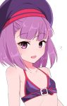  bare_arms bare_shoulders blue_bra blush bra chawan_(yultutari) commentary_request embarrassed fate/grand_order fate_(series) flat_chest flying_sweatdrops hat helena_blavatsky_(fate/grand_order) highres looking_at_viewer parted_lips purple_eyes purple_hair purple_hat simple_background solo sweatdrop underwear upper_body white_background 