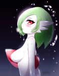  1girl absurdres akatori_(redbird) areolae artist_name blue_background blush breasts breath creatures_(company) dated female from_side game_freak gardevoir gen_3_pokemon gradient gradient_background green_hair hair_over_one_eye half-closed_eyes highres inverted_nipples looking_at_viewer looking_to_the_side medium_breasts nintendo nipples no_humans nude open_mouth pokemon pokemon_(creature) profile red_eyes shiny shiny_hair shiny_skin short_hair simple_background solo twitter_username upper_body water watermark wet wet_hair white_skin 