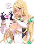  bangs bare_shoulders blonde_hair blush breasts cleavage commentary_request covered_navel detached_sleeves earrings heart highres hikari_(xenoblade_2) jewelry kihaiu large_breasts long_hair simple_background solo sweatdrop swept_bangs thought_bubble white_background xenoblade_(series) xenoblade_2 yellow_eyes 