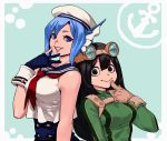 archvermin asui_tsuyu bare_shoulders black_hair blue_background blue_eyes blue_hair bodysuit boku_no_hero_academia breasts finger_to_mouth gloves goggles goggles_on_head grin hat head_fins highres long_hair looking_at_viewer medium_breasts multiple_girls red_neckwear sailor_collar sailor_hat short_hair simple_background sirius_(boku_no_hero_academia) sleeveless smile upper_body 