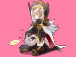  &gt;_&lt; armor black_armor black_gloves cape commentary_request crown feh_(fire_emblem_heroes) fire_emblem fire_emblem_heroes gloves grey_hair hair_ornament high_heels long_hair long_sleeves oka_(umanihiki) pink_background red_eyes shoulder_armor simple_background sitting veronica_(fire_emblem) 