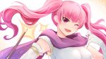  commentary_request fire_emblem fire_emblem:_rekka_no_ken gloves highres nakabayashi_zun one_eye_closed open_mouth pink_hair purple_eyes serra simple_background solo twintails white_background white_gloves 