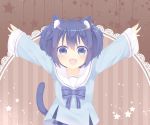  :d animal_ear_fluff animal_ears antenna_hair arms_up artist_name bangs blue_bow blue_eyes blue_hair blue_shirt blue_skirt blush bow cat_ears cat_girl cat_tail commentary_request eyebrows_visible_through_hair fang fingernails hair_between_eyes happy_sugar_life highres kemonomimi_mode koube_shio long_sleeves looking_at_viewer open_mouth outstretched_arms plaid plaid_skirt sailor_collar school_uniform serafuku shirt skirt sleeves_past_wrists slit_pupils smile solo spread_arms star striped striped_background striped_bow tail tail_raised usagimiko vertical-striped_background vertical_stripes white_sailor_collar wide_sleeves 