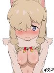  absurdres alpaca_ears alpaca_suri_(kemono_friends) animal_ears blonde_hair blue_eyes blush breast_squeeze breasts closed_mouth commentary_request fur_scarf hair_over_one_eye highres horizontal_pupils kemono_friends lifted_by_self long_sleeves looking_at_viewer masuyama_ryou medium_breasts medium_hair navel nipples no_bra no_nose nose_blush scarf shirt_lift simple_background smile solo stomach sweater upper_body white_background 