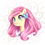  2018 alternate_hairstyle cute equine eyebrows eyelashes female feral flower flower_in_hair fluttershy_(mlp) friendship_is_magic hair hairclip headshot_portrait jumblehorse long_hair mammal my_little_pony pink_hair plant portrait simple_background smile solo teal_eyes white_background 
