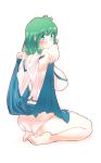  ass bare_shoulders barefoot blue_eyes blush breasts cleavage commentary_request covered_nipples detached_sleeves dimples_of_venus frog_hair_ornament full_body green_hair hair_ornament highres kneeling kochiya_sanae large_breasts long_skirt looking_at_viewer looking_back non_(z-art) off_shoulder panties puffy_nipples simple_background skirt skirt_lift snake_hair_ornament solo touhou underwear white_background 
