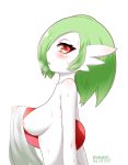  1girl absurdres akatori_(redbird) areola_slip areolae artist_name blush breasts breath creatures_(company) dated female from_side game_freak gardevoir gen_3_pokemon green_hair hair_over_one_eye half-closed_eyes highres looking_at_viewer looking_to_the_side medium_breasts nintendo no_humans nude open_mouth pokemon pokemon_(creature) profile red_eyes see-through shiny shiny_hair shiny_skin short_hair simple_background solo towel twitter_username upper_body watermark wet wet_hair white_skin 