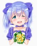  ;d bangs blue_bow blue_choker blue_eyes blue_hair bouquet bow cacao_(chocolat) choker collarbone crying crying_with_eyes_open eyebrows_visible_through_hair flower frilled_shirt frills gloves grey_background hair_between_eyes hair_bow head_tilt heart highres holding holding_bouquet nijisanji one_eye_closed open_mouth puffy_short_sleeves puffy_sleeves round_teeth shirt short_sleeves simple_background smile solo tears teeth twintails upper_teeth virtual_youtuber white_flower white_gloves white_shirt yellow_flower yuuki_chihiro 