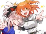  2girls ahoge detached_sleeves fate/grand_order fate_(series) fujimaru_ritsuka_(female) hand_on_another&#039;s_shoulder laughing miyamoto_musashi_(fate/grand_order) multiple_girls one_eye_closed open_mouth orange_eyes orange_hair pink_hair scrunchie side_ponytail star twitter_username v white_background 