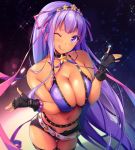  ;q bb_(fate)_(all) bb_(swimsuit_mooncancer)_(fate) belt bikini blush breasts cleavage commentary_request dark_skin fate/grand_order fate_(series) fingerless_gloves gloves gold_trim gyaru hair_ribbon kongeraatio large_breasts long_hair loose_belt micro_shorts navel one_eye_closed open_clothes open_fly open_shorts purple_eyes purple_hair ribbon shorts sky solo star_(sky) starry_sky sweat swimsuit tan thigh_gap tongue tongue_out very_long_hair 