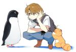  ahoge bird brown_eyes brown_hair chin_rest closed_mouth creator_connection crossover denim jeans looking_at_another pants penguin penguin_highway shadow shimogamo_yasaburou shimogamo_yashirou simple_background tanuki uchouten_kazoku vest white_background yamamoto_tomomitsu 